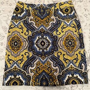 Ann Taylor Navy and Gold Patterned Pencil Skirt